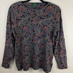 Lauren Ralph Lauren Women's Tee Plus 1X Paisley 100% Cotton Knit Long Sleeve